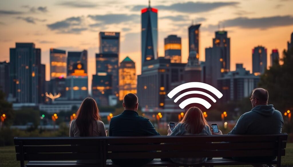A bustling city skyline at dusk, with towering skyscrapers and glowing windows. In the foreground, a group of people sit comfortably on a park bench, their devices connected to a free Wi-Fi hotspot. The scene is bathed in warm, golden light, creating a sense of tranquility and accessibility. The background is slightly blurred, drawing the viewer's attention to the central figures enjoying the convenience of wireless internet connectivity anywhere. The overall mood conveys the freedom and ease of accessing the internet without barriers, reflecting the article's subject. A bustling city skyline at dusk, with towering skyscrapers and glowing windows. In the foreground, a group of people sit comfortably on a park bench, their devices connected to a free Wi-Fi hotspot. The scene is bathed in warm, golden light, creating a sense of tranquility and accessibility. The background is slightly blurred, drawing the viewer's attention to the central figures enjoying the convenience of wireless internet connectivity anywhere. The overall mood conveys the freedom and ease of accessing the internet without barriers, reflecting the article's subject.