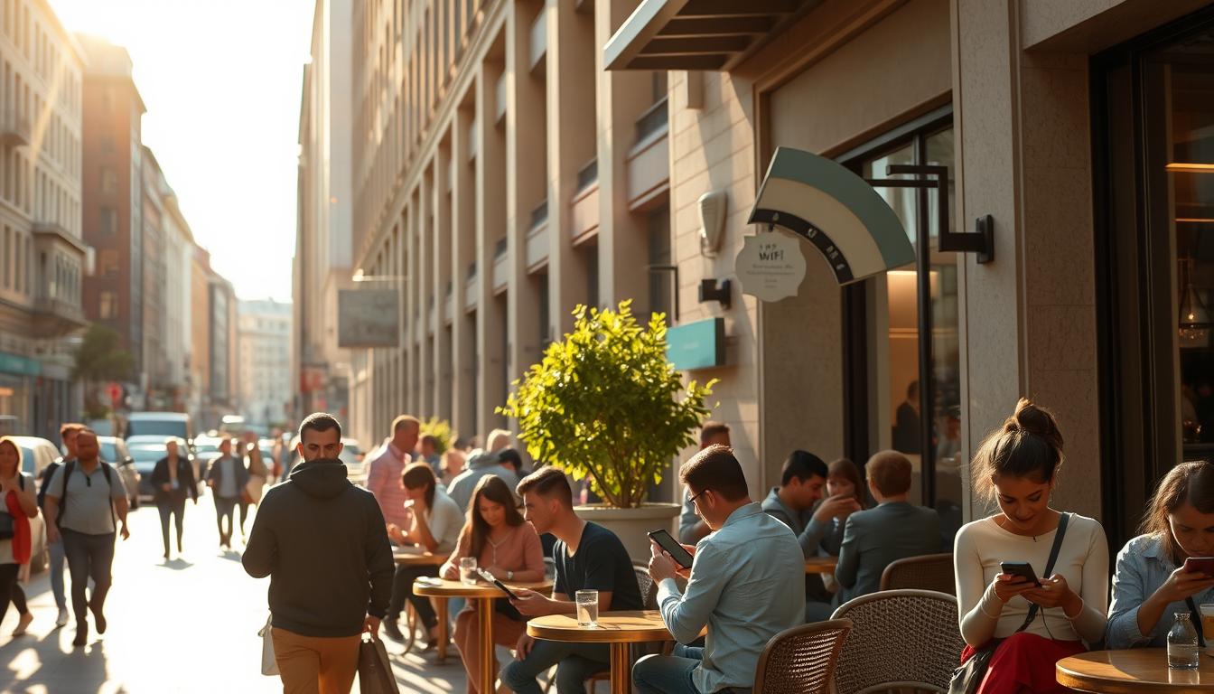A bustling city street, cafes, and public spaces with people casually using their devices, connected to free, open Wi-Fi networks. Warm, natural sunlight filters through the scene, illuminating the vibrant atmosphere. Minimalist, modern architecture frames the background, hinting at strategic locations where these public hotspots can be found. The image conveys a sense of accessibility, connectivity, and the convenience of accessing the internet without the need for passwords or paid subscriptions, reflecting the theme of the article's section.
