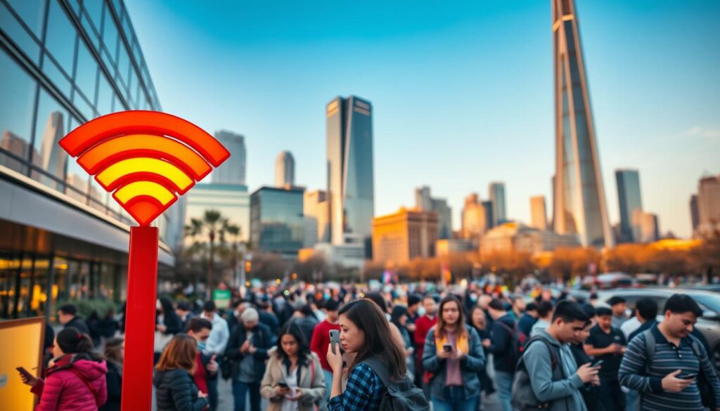 A bustling public space with a vibrant red Wi-Fi hotspot sign illuminating the scene. The foreground features a diverse group of people engaged with their mobile devices, seamlessly connected to the free wireless network. In the middle ground, modern urban architecture frames the setting, conveying a sense of modernity and accessibility. The background showcases a lively cityscape, with towering skyscrapers and a warm, golden-hour glow casting a welcoming atmosphere. The scene captures the convenience and ubiquity of free public Wi-Fi, reflecting the article's focus on the essential role it plays in everyday life. A bustling public space with a vibrant red Wi-Fi hotspot sign illuminating the scene. The foreground features a diverse group of people engaged with their mobile devices, seamlessly connected to the free wireless network. In the middle ground, modern urban architecture frames the setting, conveying a sense of modernity and accessibility. The background showcases a lively cityscape, with towering skyscrapers and a warm, golden-hour glow casting a welcoming atmosphere. The scene captures the convenience and ubiquity of free public Wi-Fi, reflecting the article's focus on the essential role it plays in everyday life.
