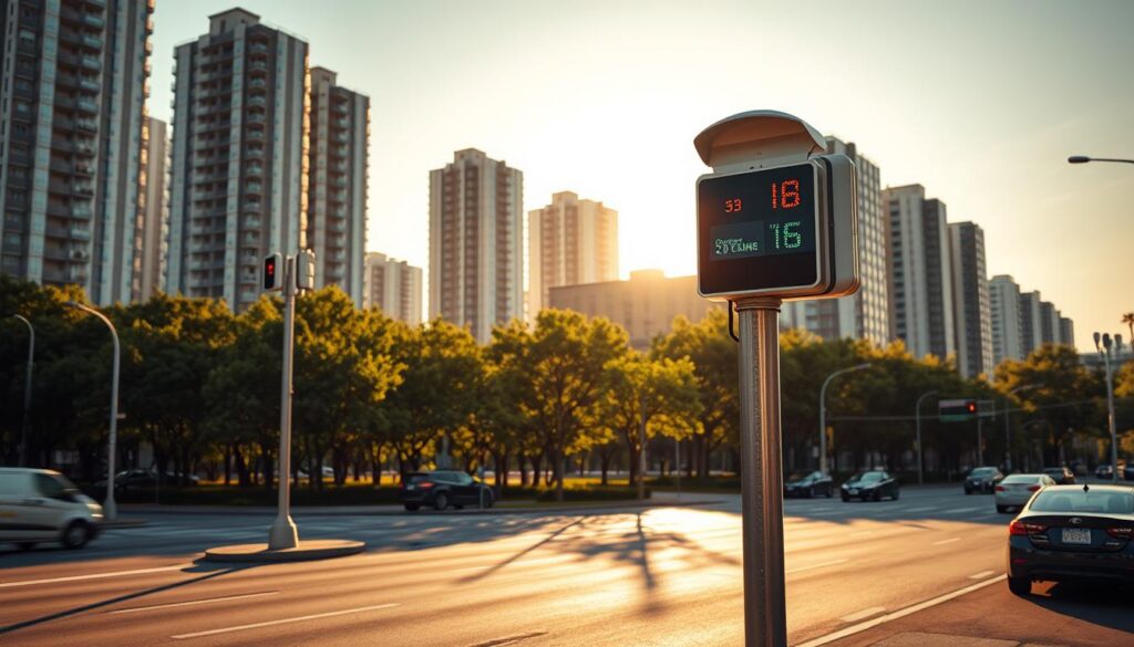 A busy urban intersection with sleek, modern speed radar units mounted on sturdy metal poles, casting long shadows in the warm afternoon sun. The radars are positioned at strategic points along the road, their bright displays visible to approaching drivers. In the background, a grid of high-rise buildings and lush green trees frame the scene, creating a sense of scale and depth. The overall atmosphere is one of safety and efficiency, with the radars serving as silent sentinels tasked with monitoring vehicle speeds and promoting responsible driving. A busy urban intersection with sleek, modern speed radar units mounted on sturdy metal poles, casting long shadows in the warm afternoon sun. The radars are positioned at strategic points along the road, their bright displays visible to approaching drivers. In the background, a grid of high-rise buildings and lush green trees frame the scene, creating a sense of scale and depth. The overall atmosphere is one of safety and efficiency, with the radars serving as silent sentinels tasked with monitoring vehicle speeds and promoting responsible driving.