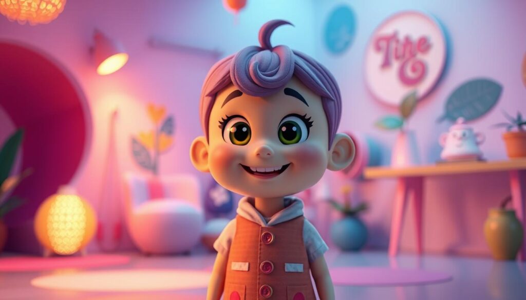 A cheerful, virtual character standing in a vibrant, colorful environment. The character has a friendly, expressive face with large, animated eyes and a warm, welcoming smile. They are wearing a whimsical, playful outfit that reflects their lively personality. The scene is bathed in soft, diffused lighting that creates a cozy, inviting atmosphere. The background features stylized, abstract elements that complement the character's design. The overall composition conveys a sense of playfulness, approachability, and the opportunity for engaging, lighthearted conversations. A cheerful, virtual character standing in a vibrant, colorful environment. The character has a friendly, expressive face with large, animated eyes and a warm, welcoming smile. They are wearing a whimsical, playful outfit that reflects their lively personality. The scene is bathed in soft, diffused lighting that creates a cozy, inviting atmosphere. The background features stylized, abstract elements that complement the character's design. The overall composition conveys a sense of playfulness, approachability, and the opportunity for engaging, lighthearted conversations.