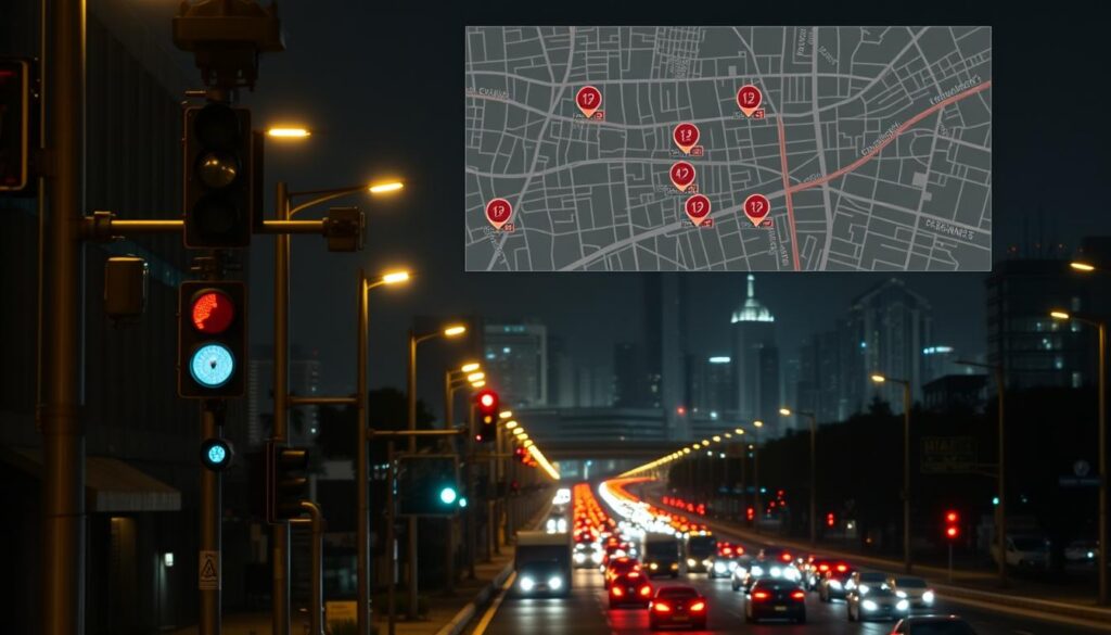 A city street at night, illuminated by streetlights and the glow of passing vehicles. In the foreground, a row of traffic lights and speed cameras are clearly visible, their bright flashes capturing the movement of cars. The middle ground features a detailed map of the city's road network, with icons indicating the precise locations of speed traps and red-light cameras. The background is a hazy, cityscape skyline, with skyscrapers and office buildings fading into the distance. The overall mood is one of vigilance and efficiency, with the technology seamlessly integrated into the urban landscape. A city street at night, illuminated by streetlights and the glow of passing vehicles. In the foreground, a row of traffic lights and speed cameras are clearly visible, their bright flashes capturing the movement of cars. The middle ground features a detailed map of the city's road network, with icons indicating the precise locations of speed traps and red-light cameras. The background is a hazy, cityscape skyline, with skyscrapers and office buildings fading into the distance. The overall mood is one of vigilance and efficiency, with the technology seamlessly integrated into the urban landscape.