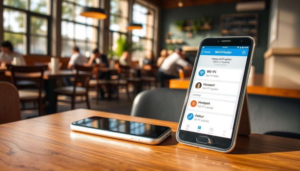 A cozy coffee shop interior, sunlight streaming through large windows, illuminating a wooden tabletop. On the table, a modern smartphone displays the "Wi-Fi Finder" app, its intuitive interface guiding the user to nearby "hotspot wi-fi grátis" locations. The atmosphere is relaxed and inviting, with the hum of conversation and the aroma of freshly brewed coffee creating a sense of community and connection. A cozy coffee shop interior, sunlight streaming through large windows, illuminating a wooden tabletop. On the table, a modern smartphone displays the "Wi-Fi Finder" app, its intuitive interface guiding the user to nearby "hotspot wi-fi grátis" locations. The atmosphere is relaxed and inviting, with the hum of conversation and the aroma of freshly brewed coffee creating a sense of community and connection.