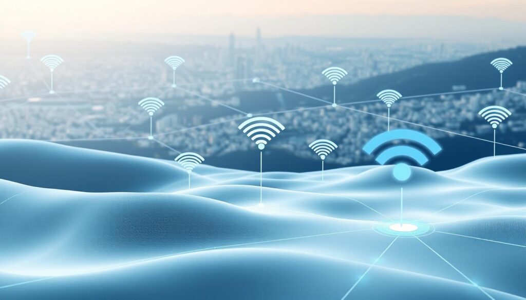 A detailed, futuristic map of interconnected wireless networks, rendered with a sleek, minimalist aesthetic. The foreground depicts a clean, intuitive interface showcasing the coverage and connection strength of the network. The middle ground features smooth, undulating lines representing wireless signals, flowing seamlessly across the landscape. In the background, a stylized cityscape recedes into the distance, hinting at the widespread availability of the wireless infrastructure. Soft, diffused lighting creates a sense of depth and atmosphere, while a muted color palette of blues and grays conveys a sense of technological sophistication. The overall composition emphasizes the comprehensive, ubiquitous nature of the wireless network, reflecting the "Wi-Fi in Every Place" theme. A detailed, futuristic map of interconnected wireless networks, rendered with a sleek, minimalist aesthetic. The foreground depicts a clean, intuitive interface showcasing the coverage and connection strength of the network. The middle ground features smooth, undulating lines representing wireless signals, flowing seamlessly across the landscape. In the background, a stylized cityscape recedes into the distance, hinting at the widespread availability of the wireless infrastructure. Soft, diffused lighting creates a sense of depth and atmosphere, while a muted color palette of blues and grays conveys a sense of technological sophistication. The overall composition emphasizes the comprehensive, ubiquitous nature of the wireless network, reflecting the "Wi-Fi in Every Place" theme.