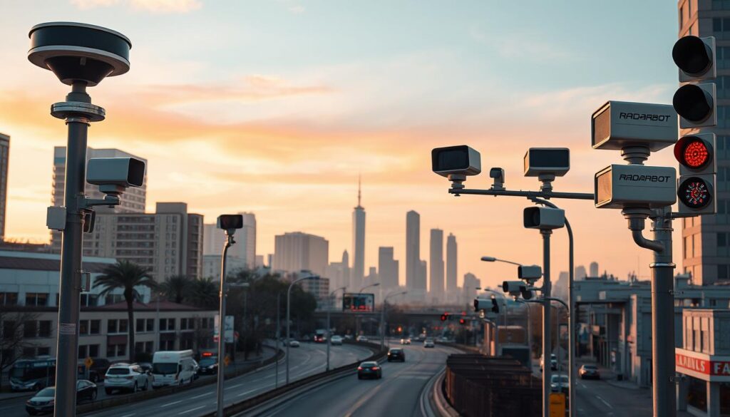 A detailed street scene showcasing various radar detection devices prominently displayed on a cityscape. In the foreground, a collection of modern radar units mounted on lampposts and traffic signals, their sleek designs and blinking indicator lights commanding attention. The middle ground features a winding road flanked by a mix of high-rise buildings and smaller commercial structures, all bathed in warm, diffuse lighting that casts long shadows. In the background, the skyline is punctuated by tall, angular skyscrapers silhouetted against a vibrant, gradient sky, creating a sense of depth and urban grandeur. The overall mood is one of technological prowess and civic infrastructure, with the radar units serving as the focal point that illustrates the capabilities of the Radarbot app.