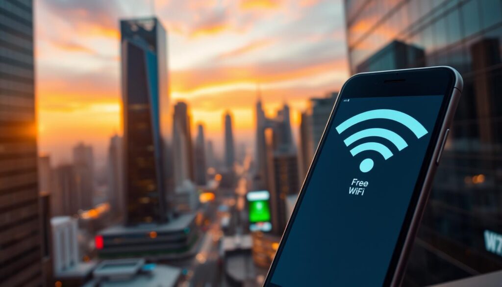 A free wireless network in a bustling city, with a sleek and modern aesthetic. In the foreground, a smartphone is prominently displayed, its screen glowing with the Wi-Fi signal strength. The middle ground features a cityscape of high-rise buildings, with a warm, golden lighting illuminating the scene. The background showcases a vibrant sky, hinting at the boundless connectivity of the free Wi-Fi network. The overall atmosphere conveys a sense of convenience, accessibility, and the seamless integration of technology into urban life. A free wireless network in a bustling city, with a sleek and modern aesthetic. In the foreground, a smartphone is prominently displayed, its screen glowing with the Wi-Fi signal strength. The middle ground features a cityscape of high-rise buildings, with a warm, golden lighting illuminating the scene. The background showcases a vibrant sky, hinting at the boundless connectivity of the free Wi-Fi network. The overall atmosphere conveys a sense of convenience, accessibility, and the seamless integration of technology into urban life.