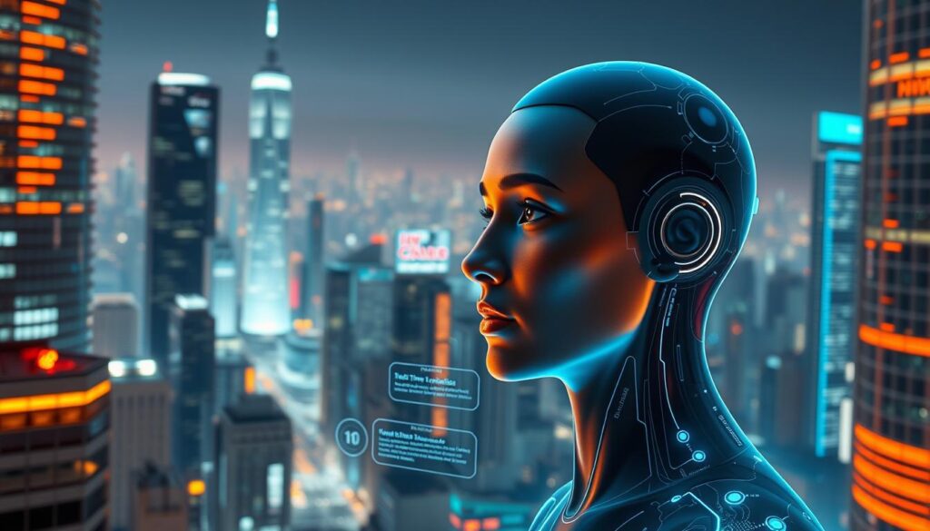 A futuristic cityscape, bathed in a warm, neon glow. In the foreground, a lifelike holographic avatar emerges, engaging in a natural conversation with a human user. The avatar's features are crisp and expressive, conveying a sense of intelligence and personality. In the middle ground, a sleek, high-tech interface displays real-time translation, sentiment analysis, and contextual information, facilitating seamless communication. In the background, towering skyscrapers and a vast, glittering skyline suggest the advanced technological landscape that enables this innovative conversational experience. The scene exudes a sense of wonder, innovation, and the promise of a future where human-AI interaction is seamless and intuitive. A futuristic cityscape, bathed in a warm, neon glow. In the foreground, a lifelike holographic avatar emerges, engaging in a natural conversation with a human user. The avatar's features are crisp and expressive, conveying a sense of intelligence and personality. In the middle ground, a sleek, high-tech interface displays real-time translation, sentiment analysis, and contextual information, facilitating seamless communication. In the background, towering skyscrapers and a vast, glittering skyline suggest the advanced technological landscape that enables this innovative conversational experience. The scene exudes a sense of wonder, innovation, and the promise of a future where human-AI interaction is seamless and intuitive.