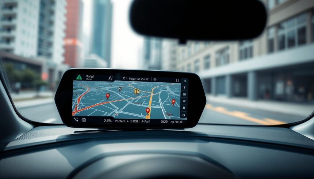 A heads-up display (HUD) with a detailed map interface dominates the foreground, showcasing a network of roads and radar detection markers. The HUD is sleekly designed, with a minimalist aesthetic and vibrant, high-contrast colors that provide essential driving information at a glance. The middle ground features a car's dashboard, subtly blurred to draw the eye towards the HUD. The background is a blurred, out-of-focus urban landscape, conveying a sense of motion and the driver's journey. Crisp, diffuse lighting illuminates the scene, creating a clean, modern, and technologically advanced atmosphere.