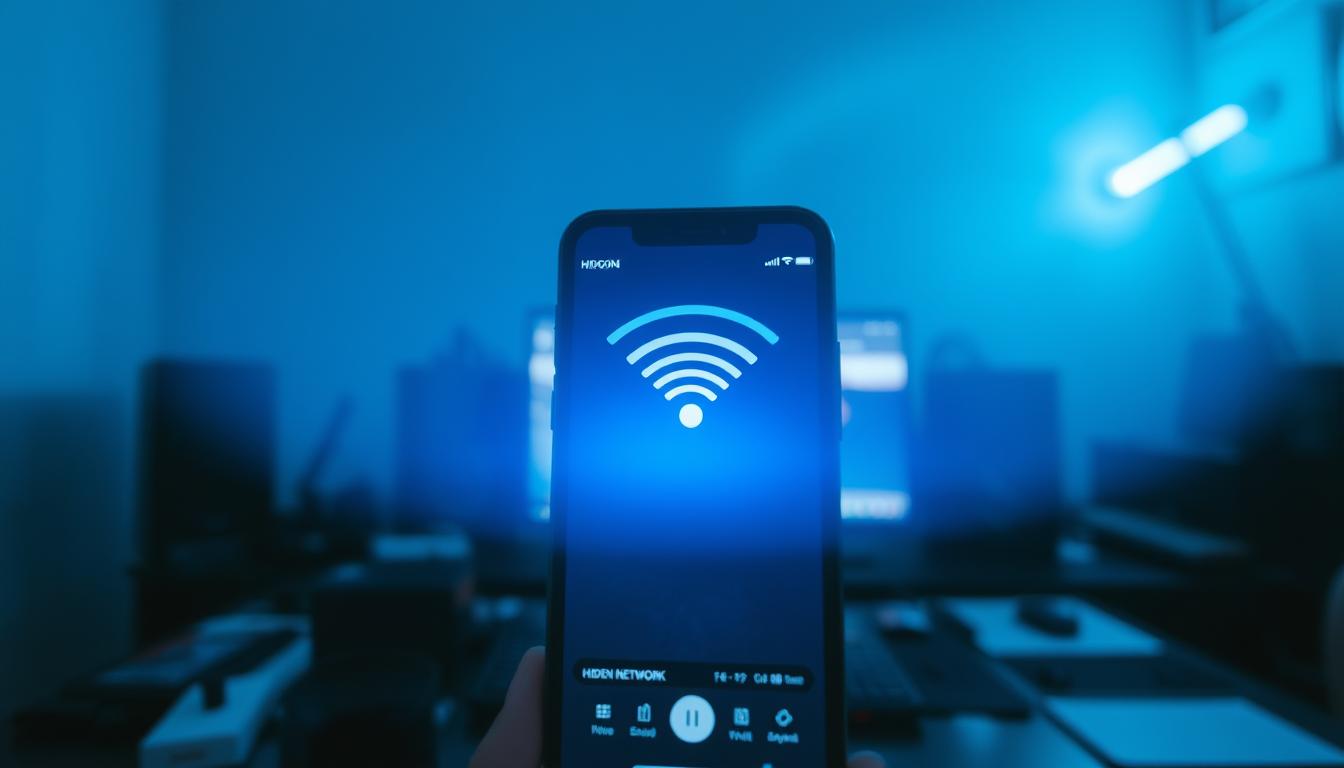 A hidden wi-fi network hovers in the air, shrouded in a faint blue haze. In the foreground, a smartphone screen displays a radar-like interface, searching for the elusive signal. The middle ground is a cluttered desk with various electronic devices, hinting at a tech-savvy user's workspace. The background is softly blurred, conveying a sense of mystery and intrigue surrounding the invisible network. The lighting is cool and atmospheric, creating a moody, almost cyberpunk-inspired ambiance. The overall composition suggests the user's quest to uncover the secrets of this hidden wi-fi, alluding to the article's subject matter.
