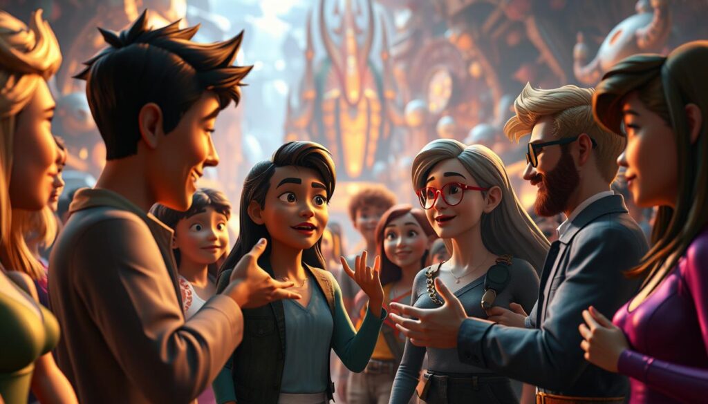 A lively scene of virtual characters engaged in animated conversation, captured with a cinematic flair. In the foreground, a group of diverse, expressive figures gesticulate and interact, their faces and bodies brimming with lifelike detail. The middle ground features a richly detailed, immersive environment, perhaps a fantastical setting or a realistic urban backdrop, where the characters are seamlessly integrated. The lighting casts a warm, dramatic glow, creating a sense of depth and drama. The camera angle is slightly elevated, offering a captivating, cinematic perspective that draws the viewer into the captivating world of these virtual beings.