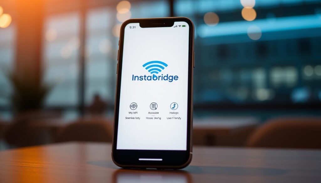 A modern and intuitive mobile application interface showcasing the "Instabridge" app logo prominently displayed. The app's main features are illustrated through clear and visually striking icons, representing seamless Wi-Fi connectivity, accessible hotspot sharing, and a user-friendly experience. The interface is designed with a clean, minimalist aesthetic, emphasizing the app's core functionality and easy-to-navigate layout. The overall mood is one of technological sophistication, efficiency, and the promise of ubiquitous Wi-Fi access, captured through a well-balanced composition, warm lighting, and a subtle, ambient background. A modern and intuitive mobile application interface showcasing the "Instabridge" app logo prominently displayed. The app's main features are illustrated through clear and visually striking icons, representing seamless Wi-Fi connectivity, accessible hotspot sharing, and a user-friendly experience. The interface is designed with a clean, minimalist aesthetic, emphasizing the app's core functionality and easy-to-navigate layout. The overall mood is one of technological sophistication, efficiency, and the promise of ubiquitous Wi-Fi access, captured through a well-balanced composition, warm lighting, and a subtle, ambient background.