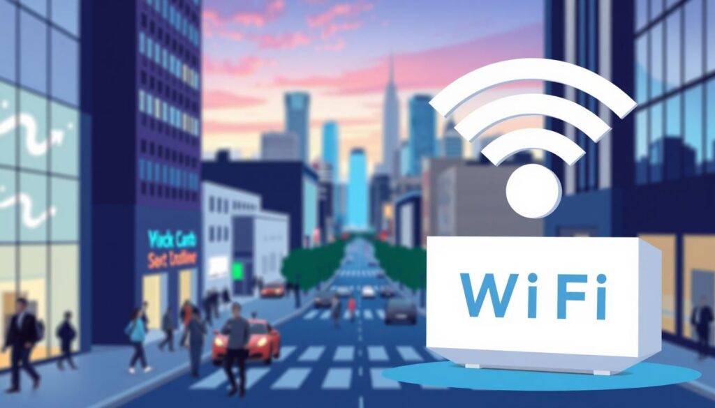 A modern and minimalist illustration of a free Wi-Fi hotspot in a city setting. In the foreground, a stylized Wi-Fi symbol hovers over a sleek, angular device, representing a wireless access point. The middle ground showcases a bustling city street with pedestrians, buildings, and other urban elements rendered in a clean, geometric style. The background features a softly blurred cityscape with skyscrapers and a vibrant sky, creating a sense of depth and atmosphere. The overall aesthetic is one of technology, connectivity, and the convenience of free public Wi-Fi access. A modern and minimalist illustration of a free Wi-Fi hotspot in a city setting. In the foreground, a stylized Wi-Fi symbol hovers over a sleek, angular device, representing a wireless access point. The middle ground showcases a bustling city street with pedestrians, buildings, and other urban elements rendered in a clean, geometric style. The background features a softly blurred cityscape with skyscrapers and a vibrant sky, creating a sense of depth and atmosphere. The overall aesthetic is one of technology, connectivity, and the convenience of free public Wi-Fi access.