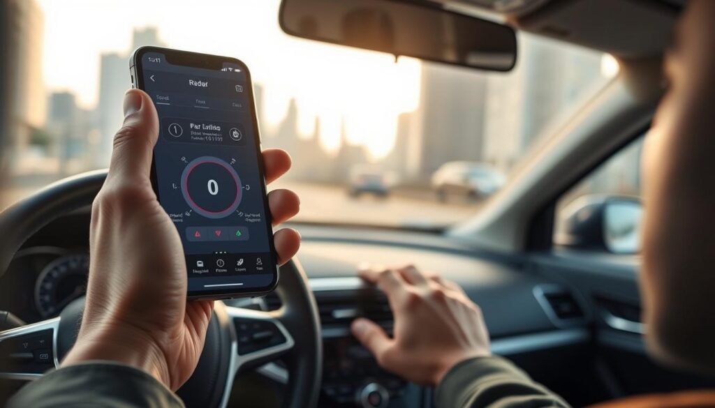 A modern, high-resolution image of a person using a smartphone app to detect and avoid hidden speed cameras and traffic enforcement zones. The foreground depicts a driver's hands holding a sleek, bezel-less smartphone displaying a radar detection interface with overlaid speed limit warnings and highlighted camera locations. The middle ground shows the driver's dashboard and windshield, with the city skyline visible in the distance. The lighting is natural, with soft shadows and highlights, creating a sense of realism. The overall mood is one of technological empowerment and responsible driving. A modern, high-resolution image of a person using a smartphone app to detect and avoid hidden speed cameras and traffic enforcement zones. The foreground depicts a driver's hands holding a sleek, bezel-less smartphone displaying a radar detection interface with overlaid speed limit warnings and highlighted camera locations. The middle ground shows the driver's dashboard and windshield, with the city skyline visible in the distance. The lighting is natural, with soft shadows and highlights, creating a sense of realism. The overall mood is one of technological empowerment and responsible driving.