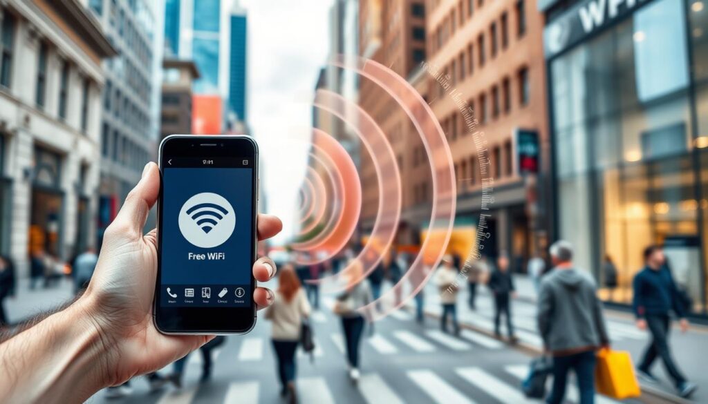 A modern, well-designed mobile app interface showcasing a free WiFi connection. In the foreground, a user's hand holding a smartphone, displaying the app's clean and intuitive UI. The middle ground features a 3D visualization of WiFi signal waves emanating from the device, conveying the sense of unlimited, high-speed internet access. The background depicts a bustling city streetscape, with skyscrapers and pedestrians, suggesting the app's versatility for use in public spaces. The overall mood is one of convenience, connectivity, and the empowerment of free, unrestricted internet access.