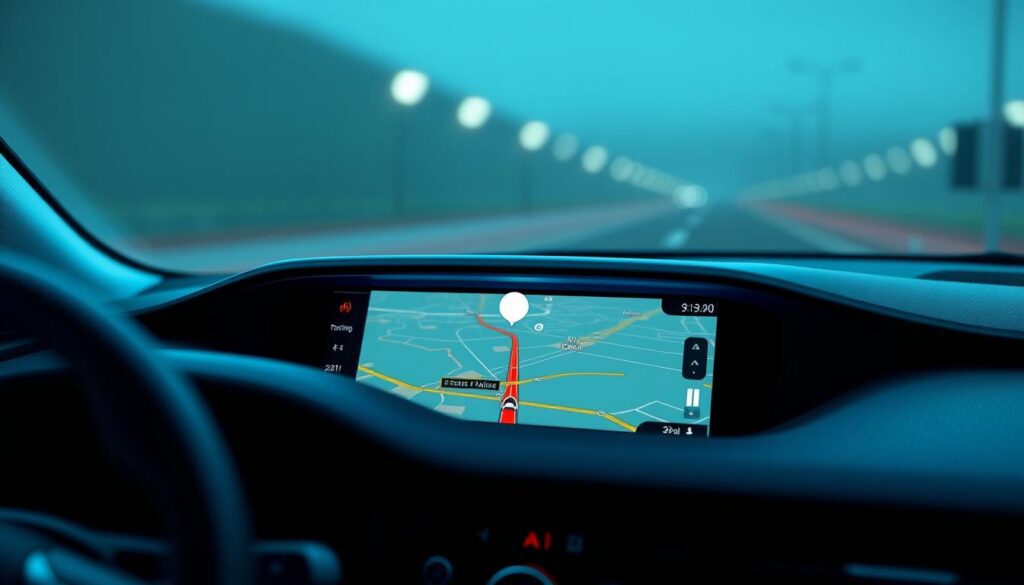 A navigation dashboard with a prominent radar warning indicator. The display shows a detailed map with GPS routing, surrounded by a sleek, modern interface. The radar icon pulsates, clearly alerting the driver to an upcoming speed trap or enforcement zone. Soft blue-green lighting illuminates the cabin, creating a serene, high-tech ambiance. The dashboard is rendered with a high level of photorealism, capturing the precision and clarity of a professional automotive design. The composition emphasizes the centrality of the radar warning, making it the focal point of the image. A navigation dashboard with a prominent radar warning indicator. The display shows a detailed map with GPS routing, surrounded by a sleek, modern interface. The radar icon pulsates, clearly alerting the driver to an upcoming speed trap or enforcement zone. Soft blue-green lighting illuminates the cabin, creating a serene, high-tech ambiance. The dashboard is rendered with a high level of photorealism, capturing the precision and clarity of a professional automotive design. The composition emphasizes the centrality of the radar warning, making it the focal point of the image.