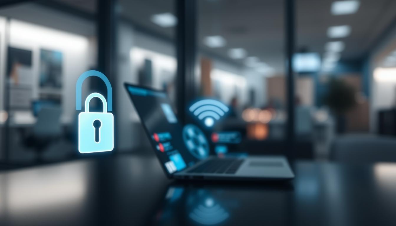 A secure Wi-Fi connection with a padlock icon, glowing subtly in the foreground. In the middle ground, a laptop or mobile device connected to a wireless network, with data visualization elements like signal strength indicators and encryption symbols. The background features a blurred cityscape or office environment, conveying a sense of professional setting and connectivity. The lighting is soft and muted, creating a clean, modern aesthetic. The overall mood is one of confidence and reassurance in the safety of the Wi-Fi connection.
