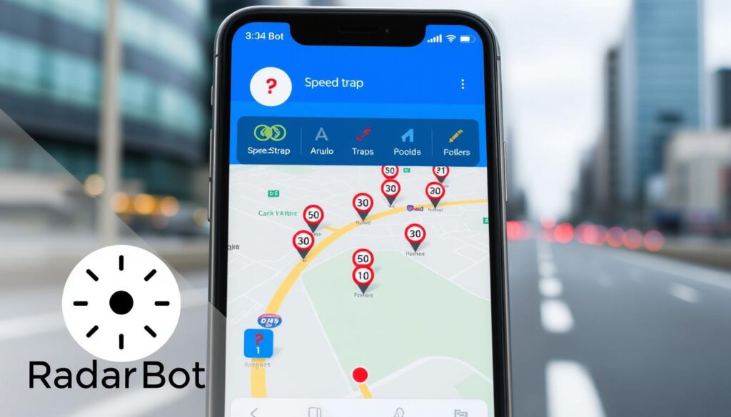 A sleek and modern mobile app interface, displaying a map with highlighted speed trap locations. In the foreground, a stylized radar icon and the app's name "Radar Bot" prominently featured. The middle ground showcases various speed limit icons and warning indicators, conveying the app's functionality. The background depicts a blurred cityscape, emphasizing the real-world context in which the app is designed to be used. The overall composition is clean, well-balanced, and captures the essence of a user-friendly navigation tool for drivers to avoid speeding fines. A sleek and modern mobile app interface, displaying a map with highlighted speed trap locations. In the foreground, a stylized radar icon and the app's name "Radar Bot" prominently featured. The middle ground showcases various speed limit icons and warning indicators, conveying the app's functionality. The background depicts a blurred cityscape, emphasizing the real-world context in which the app is designed to be used. The overall composition is clean, well-balanced, and captures the essence of a user-friendly navigation tool for drivers to avoid speeding fines.