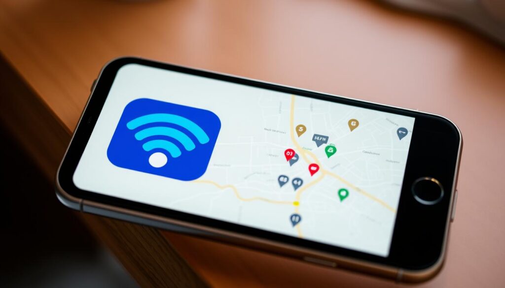 A sleek and modern smartphone screen displays the WiFi Map app, showcasing its intuitive user interface. In the foreground, the app's logo stands out prominently, a stylized WiFi symbol in vibrant colors. The middle ground features a map, pulsing with Wi-Fi hotspot locations, inviting the user to explore and discover free internet access. The background is softly blurred, creating a sense of depth and focus on the app's key features. The lighting is natural and warm, lending a welcoming and accessible atmosphere to the scene. The camera angle is slightly elevated, giving the impression of a user's perspective, ready to embark on a journey of effortless connectivity. A sleek and modern smartphone screen displays the WiFi Map app, showcasing its intuitive user interface. In the foreground, the app's logo stands out prominently, a stylized WiFi symbol in vibrant colors. The middle ground features a map, pulsing with Wi-Fi hotspot locations, inviting the user to explore and discover free internet access. The background is softly blurred, creating a sense of depth and focus on the app's key features. The lighting is natural and warm, lending a welcoming and accessible atmosphere to the scene. The camera angle is slightly elevated, giving the impression of a user's perspective, ready to embark on a journey of effortless connectivity.