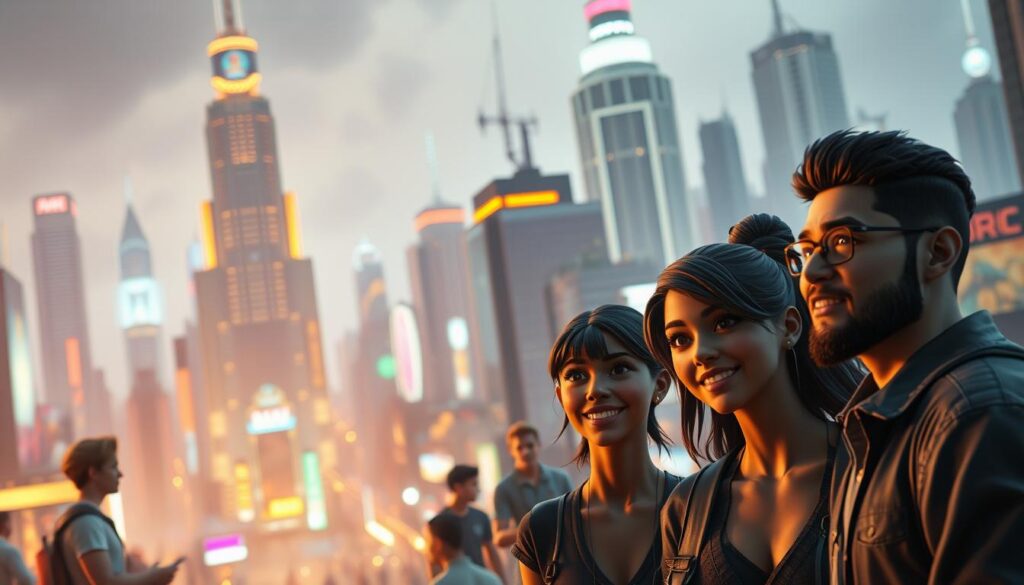 A sprawling virtual metropolis, its towering skyscrapers and neon-lit streets teeming with life. In the foreground, a group of photorealistic avatars engaged in lively conversation, their expressive faces and lifelike movements creating an immersive, hyper-realistic experience. Warm, directional lighting illuminates the scene, casting dynamic shadows and highlighting the intricate details of the avatars' features and attire. The background is hazy, with a subtle depth of field effect, drawing the viewer's attention to the central figures and creating a sense of depth and atmosphere. The overall mood is one of wonder and excitement, inviting the viewer to step into this captivating virtual world and interact with its dynamic inhabitants. A sprawling virtual metropolis, its towering skyscrapers and neon-lit streets teeming with life. In the foreground, a group of photorealistic avatars engaged in lively conversation, their expressive faces and lifelike movements creating an immersive, hyper-realistic experience. Warm, directional lighting illuminates the scene, casting dynamic shadows and highlighting the intricate details of the avatars' features and attire. The background is hazy, with a subtle depth of field effect, drawing the viewer's attention to the central figures and creating a sense of depth and atmosphere. The overall mood is one of wonder and excitement, inviting the viewer to step into this captivating virtual world and interact with its dynamic inhabitants.