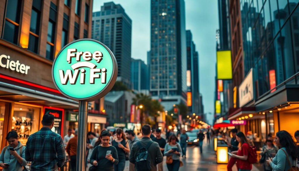 A vibrant, high-resolution image of a modern urban street scene, with the focus on a prominent "Free Wi-Fi" sign illuminated by warm, inviting lighting. The foreground should feature people using their mobile devices, laptops, and tablets to access the free internet connection, conveying a sense of connectivity and community. The middle ground could showcase a diverse mix of local businesses, cafes, and shops, all contributing to the lively atmosphere. In the background, tall buildings and skyscrapers should create a dynamic, metropolitan setting. The overall mood should be one of accessibility, convenience, and the seamless integration of technology into everyday urban life. A vibrant, high-resolution image of a modern urban street scene, with the focus on a prominent "Free Wi-Fi" sign illuminated by warm, inviting lighting. The foreground should feature people using their mobile devices, laptops, and tablets to access the free internet connection, conveying a sense of connectivity and community. The middle ground could showcase a diverse mix of local businesses, cafes, and shops, all contributing to the lively atmosphere. In the background, tall buildings and skyscrapers should create a dynamic, metropolitan setting. The overall mood should be one of accessibility, convenience, and the seamless integration of technology into everyday urban life.