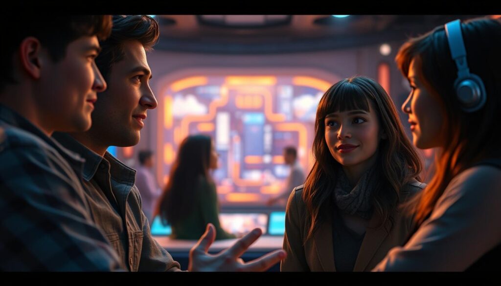A vibrant scene of a digital dialogue, with life-like characters conversing in a cinematic setting. In the foreground, two individuals, each with distinct personalities and expressions, engaged in a captivating exchange. Soft, warm lighting casts a subtle glow, lending an air of intimacy and authenticity to the interaction. The middle ground features a stylized, interactive backdrop, hinting at the immersive nature of this digital experience. Subtle details, such as the characters' gestures and the subtle shifts in their expressions, convey a sense of genuine connection and emotional depth. The overall atmosphere evokes a sense of wonder and a new frontier in digital entertainment.