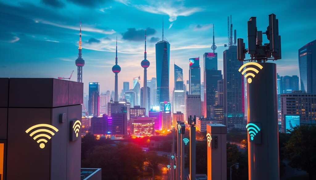 A vibrant urban scene featuring various public Wi-Fi access points. In the foreground, stylized icons and logos representing different wireless networks are displayed prominently on modern, minimalist architectural elements. The middle ground showcases sleek, futuristic communication towers and antennas, bathed in a soft, ambient glow. In the background, a bustling city skyline with towering skyscrapers and a vibrant, neon-tinged night sky creates a dynamic, technology-driven atmosphere. The overall composition conveys a sense of seamless connectivity, accessibility, and the ubiquity of public Wi-Fi infrastructure in the modern urban landscape. A vibrant urban scene featuring various public Wi-Fi access points. In the foreground, stylized icons and logos representing different wireless networks are displayed prominently on modern, minimalist architectural elements. The middle ground showcases sleek, futuristic communication towers and antennas, bathed in a soft, ambient glow. In the background, a bustling city skyline with towering skyscrapers and a vibrant, neon-tinged night sky creates a dynamic, technology-driven atmosphere. The overall composition conveys a sense of seamless connectivity, accessibility, and the ubiquity of public Wi-Fi infrastructure in the modern urban landscape.
