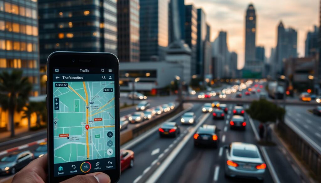 An urban cityscape at dusk, with a detailed traffic control app displayed on a smartphone screen in the foreground. The app features a map with highlighted roads, traffic flow indicators, and icons denoting speed cameras and other monitoring devices. The middle ground depicts a busy intersection with vehicles of various makes and models navigating the roads, while the background showcases a skyline of tall buildings, glowing with warm evening light. The scene conveys a sense of technological integration within the urban environment, enabling drivers to proactively manage their commutes and avoid potential fines. An urban cityscape at dusk, with a detailed traffic control app displayed on a smartphone screen in the foreground. The app features a map with highlighted roads, traffic flow indicators, and icons denoting speed cameras and other monitoring devices. The middle ground depicts a busy intersection with vehicles of various makes and models navigating the roads, while the background showcases a skyline of tall buildings, glowing with warm evening light. The scene conveys a sense of technological integration within the urban environment, enabling drivers to proactively manage their commutes and avoid potential fines.