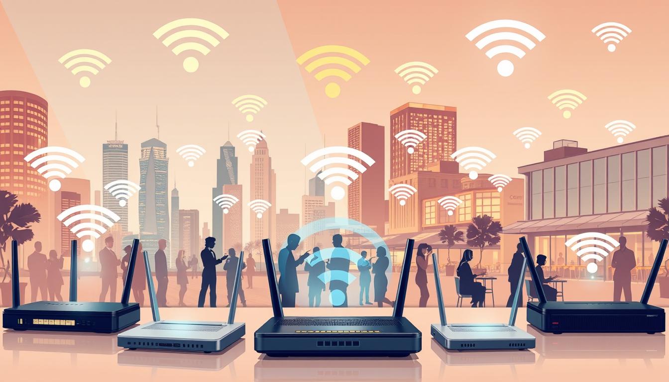 Pontos de Acesso Wi-Fi e Hotspots A detailed illustration showcasing various Wi-Fi access points and hotspots. In the foreground, a collection of sleek, modern routers and access points in different shapes and sizes, emitting radiant waves of connectivity. In the middle ground, silhouettes of people using their devices, seamlessly accessing the wireless networks. In the background, a cityscape with skyscrapers, cafes, and public spaces, all equipped with prominent hotspot symbols and signals, indicating the widespread availability of free public Wi-Fi. Soft, warm lighting illuminates the scene, creating an inviting and accessible atmosphere for wireless connectivity. Captured with a wide-angle lens to showcase the expansive nature of the Wi-Fi infrastructure.