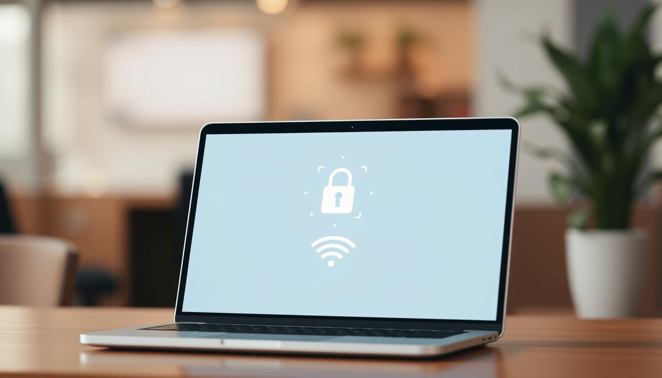 a high-resolution digital illustration of a laptop or smartphone screen displaying a secure wi-fi network connection, with a lock icon and a shield icon prominently featured, indicating the security and privacy aspects of using public wi-fi networks. The scene should have a clean, minimalist aesthetic with a soft, muted color palette, conveying a sense of trust and reliability. The background should be slightly blurred, placing the focus on the device screen and the security indicators. The overall mood should be one of reassurance and safety when using public wi-fi.