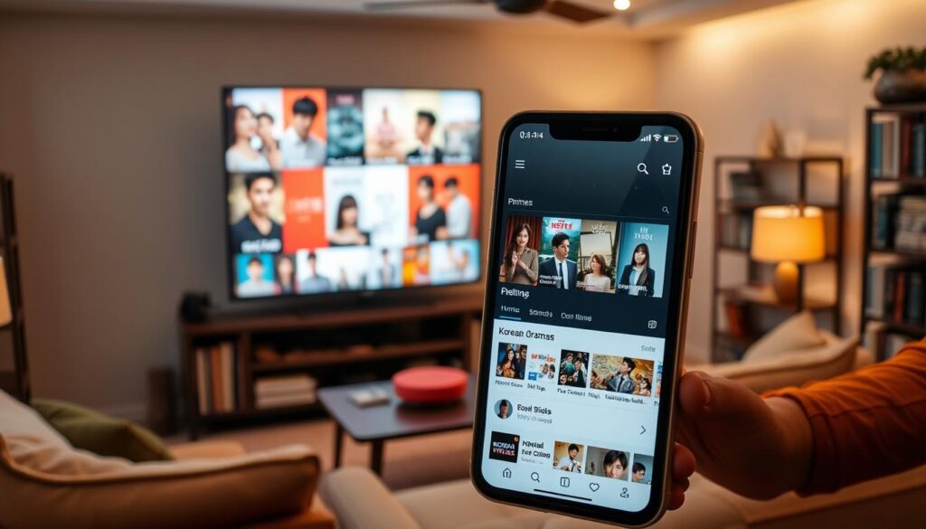 A cozy living room interior with a large TV screen showcasing a variety of Korean drama thumbnails and cover art. The room has warm, ambient lighting, plush furniture, and a bookshelf filled with Korean-language novels. In the foreground, a smartphone is propped up, displaying a sleek mobile app interface with different Korean drama categories and recommendations. The overall atmosphere is inviting and conducive to a relaxed drama-watching experience. A cozy living room interior with a large TV screen showcasing a variety of Korean drama thumbnails and cover art. The room has warm, ambient lighting, plush furniture, and a bookshelf filled with Korean-language novels. In the foreground, a smartphone is propped up, displaying a sleek mobile app interface with different Korean drama categories and recommendations. The overall atmosphere is inviting and conducive to a relaxed drama-watching experience.