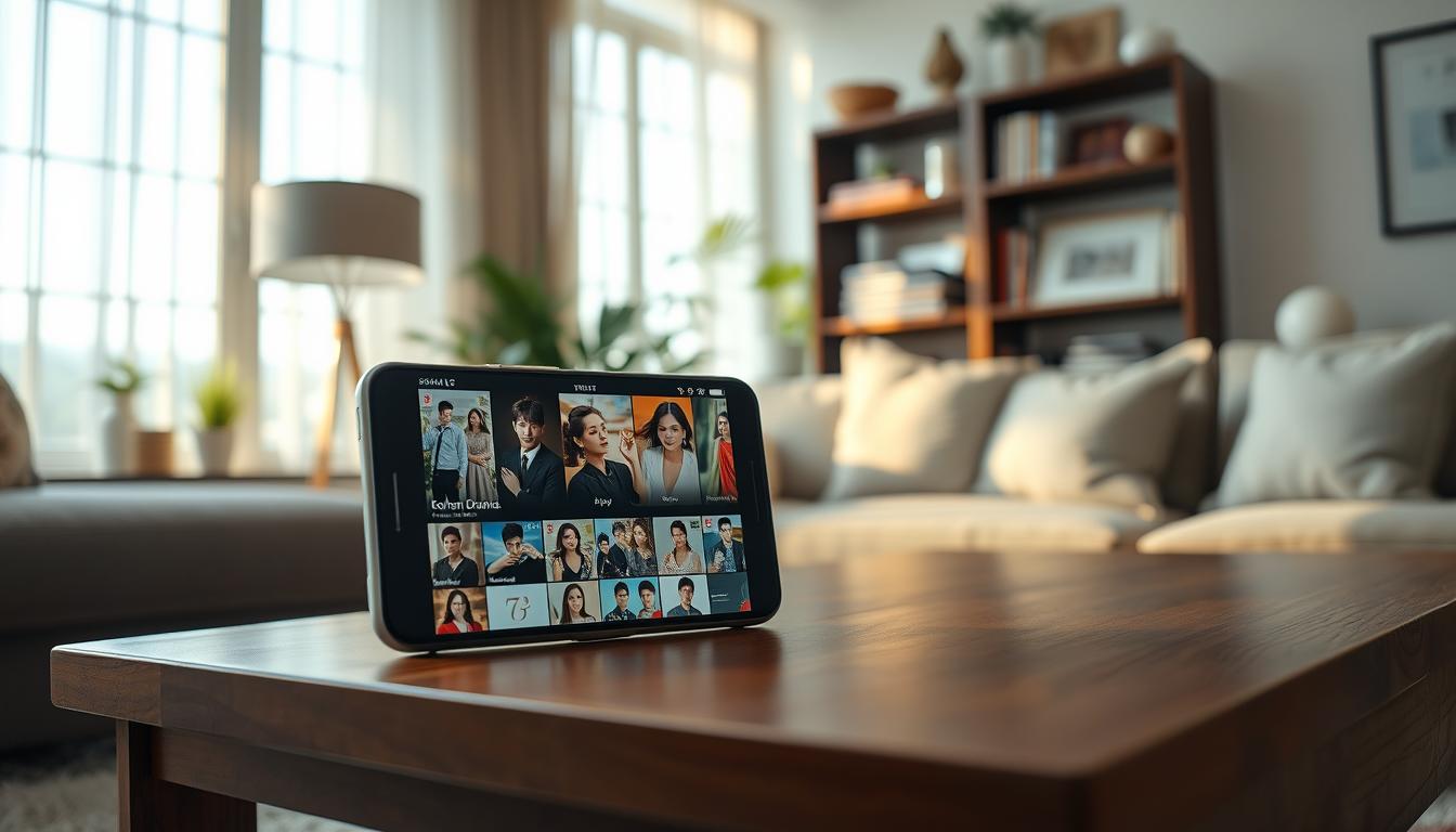 A cozy living room scene with a smartphone prominently displayed on a wooden coffee table, showcasing a streaming app interface featuring various Korean drama thumbnails. Soft, warm lighting filters through large windows, creating a comfortable, inviting atmosphere. In the background, a bookshelf with various Asian-inspired decor elements, hinting at the global popularity of Korean media. The scene conveys the ease and accessibility of watching Korean dramas online, free of charge, through a user-friendly mobile application.
