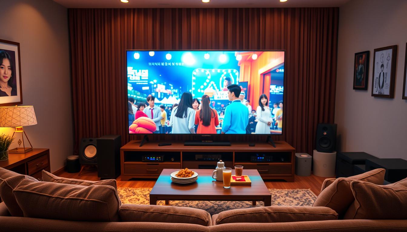 A cozy living room set with a large television screen prominently displayed, showcasing a vibrant and captivating Korean drama playing on the screen. The room is bathed in warm, soft lighting, creating a welcoming and immersive atmosphere. In the foreground, a plush couch or armchair invites the viewer to settle in and enjoy the show. The middle ground features a coffee table with snacks and beverages, hinting at the comforts of home entertainment. The background showcases a neatly organized media setup, with streaming devices and speakers, reflecting the modern approach to watching international content. The overall scene conveys the enjoyment and convenience of freely accessing and watching Korean dramas through a legal streaming application.