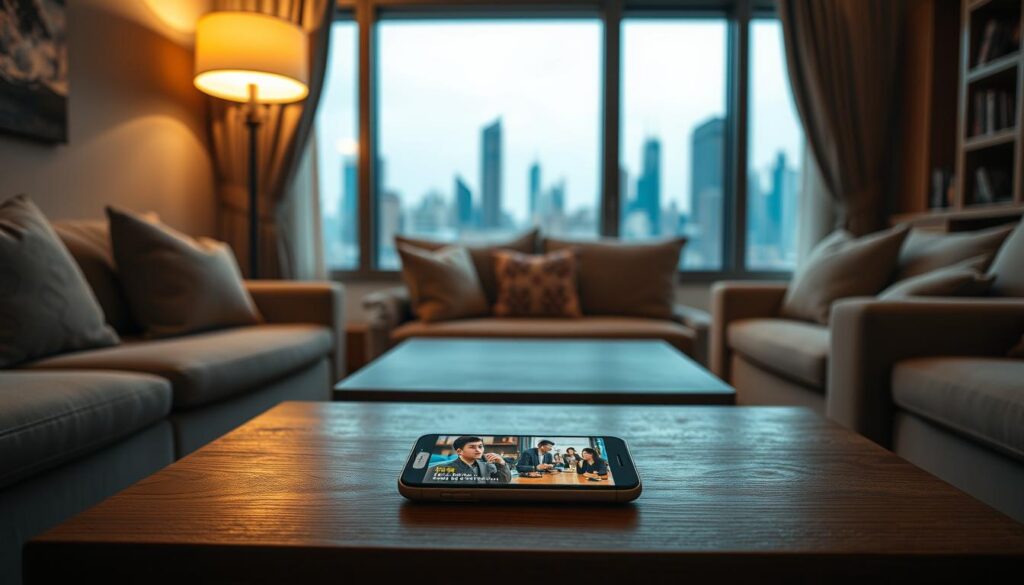 A cozy living room with plush sofas and a warm, inviting atmosphere. A smartphone rests on a wooden coffee table, its screen displaying a Korean drama with vibrant, colorful subtitles. The room is lit by a soft, ambient glow from a floor lamp, casting a gentle, comforting light. Through a large window, the city skyline is visible, hinting at the modern, cosmopolitan setting. The overall mood is one of relaxation and escapism, as the viewer immerses themselves in the captivating world of Korean television. A cozy living room with plush sofas and a warm, inviting atmosphere. A smartphone rests on a wooden coffee table, its screen displaying a Korean drama with vibrant, colorful subtitles. The room is lit by a soft, ambient glow from a floor lamp, casting a gentle, comforting light. Through a large window, the city skyline is visible, hinting at the modern, cosmopolitan setting. The overall mood is one of relaxation and escapism, as the viewer immerses themselves in the captivating world of Korean television.