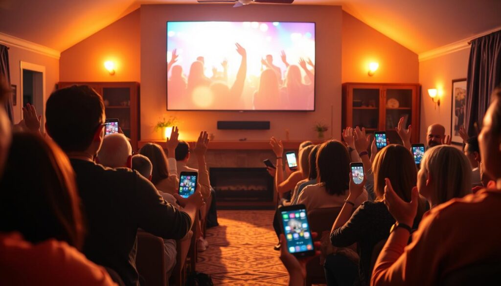 A cozy, well-lit living room filled with a congregation of people intently focused on their smartphones, hands raised in worship. The room is bathed in a warm, golden light, creating a serene and contemplative atmosphere. In the center, a large television displays vibrant worship imagery, guiding the congregation in their digital devotion. The scene conveys a sense of community and connection, as the worshippers engage with their "aplicativo worship" in a reverent and meaningful way. A cozy, well-lit living room filled with a congregation of people intently focused on their smartphones, hands raised in worship. The room is bathed in a warm, golden light, creating a serene and contemplative atmosphere. In the center, a large television displays vibrant worship imagery, guiding the congregation in their digital devotion. The scene conveys a sense of community and connection, as the worshippers engage with their "aplicativo worship" in a reverent and meaningful way.