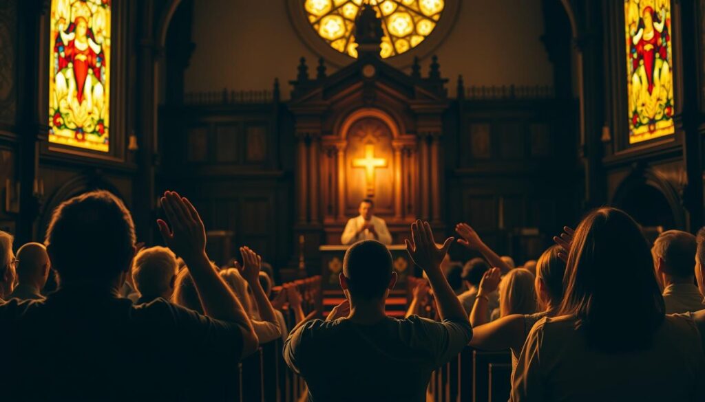 A dimly lit church interior, with warm golden light filtering through stained glass windows. In the foreground, a group of worshippers raise their hands in reverence, their faces alight with devotion as they sing praise songs. The middle ground features a grand, ornate pulpit where a pastor stands, leading the congregation in worship. The background depicts rows of wooden pews and the ornate architecture of the sanctuary, creating a sense of solemnity and sacred space. The overall atmosphere is one of deep spiritual connection and heartfelt adoration. A dimly lit church interior, with warm golden light filtering through stained glass windows. In the foreground, a group of worshippers raise their hands in reverence, their faces alight with devotion as they sing praise songs. The middle ground features a grand, ornate pulpit where a pastor stands, leading the congregation in worship. The background depicts rows of wooden pews and the ornate architecture of the sanctuary, creating a sense of solemnity and sacred space. The overall atmosphere is one of deep spiritual connection and heartfelt adoration.
