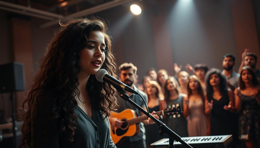 A group of talented Brazilian Christian musicians performing soulful harmonies on a dimly lit stage, the warm glow of spotlights casting a reverent atmosphere. In the foreground, a female vocalist with a powerful, emotive expression sings into a vintage microphone, her long curls framing her face. Behind her, a male guitarist and keyboardist provide lush accompaniment, their concentration palpable. In the background, a choir of diverse vocalists raise their voices in a transcendent chorus, creating a sense of spiritual connection. The scene is captured with a cinematic, high-contrast lens, emphasizing the artists' passion and the sacred nature of their performance. A group of talented Brazilian Christian musicians performing soulful harmonies on a dimly lit stage, the warm glow of spotlights casting a reverent atmosphere. In the foreground, a female vocalist with a powerful, emotive expression sings into a vintage microphone, her long curls framing her face. Behind her, a male guitarist and keyboardist provide lush accompaniment, their concentration palpable. In the background, a choir of diverse vocalists raise their voices in a transcendent chorus, creating a sense of spiritual connection. The scene is captured with a cinematic, high-contrast lens, emphasizing the artists' passion and the sacred nature of their performance.