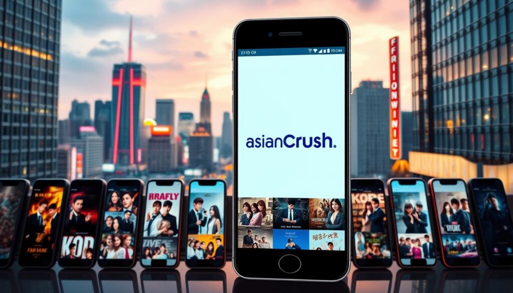 A modern, vibrant cityscape with a prominent app interface in the foreground, showcasing the "AsianCrush" logo and UI. In the middle ground, rows of smartphone screens depicting various Korean drama scenes and titles. The background features a skyline of high-rise buildings, neon lights, and a lively urban atmosphere. The lighting is warm and inviting, evoking a sense of entertainment and discovery. The overall composition captures the essence of easily accessing a wealth of Korean content through a user-friendly app interface. A modern, vibrant cityscape with a prominent app interface in the foreground, showcasing the "AsianCrush" logo and UI. In the middle ground, rows of smartphone screens depicting various Korean drama scenes and titles. The background features a skyline of high-rise buildings, neon lights, and a lively urban atmosphere. The lighting is warm and inviting, evoking a sense of entertainment and discovery. The overall composition captures the essence of easily accessing a wealth of Korean content through a user-friendly app interface.