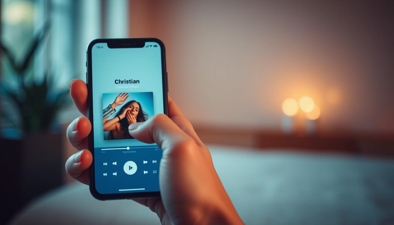 A serene and inviting user experience showcasing a sleek and intuitive Christian music app interface. The foreground features a close-up view of a smartphone screen displaying the app's clean, minimalist design with large album art and a simple playback control layout. The middle ground highlights a hand gently interacting with the touchscreen, conveying a sense of ease and comfort. In the background, a soft, warm lighting creates a peaceful, contemplative ambiance, evoking the spirituality and devotion associated with Christian music. Crisp details, balanced composition, and a calming overall tone combine to convey the app's user-centric focus and its ability to enhance one's Christian music experience.
