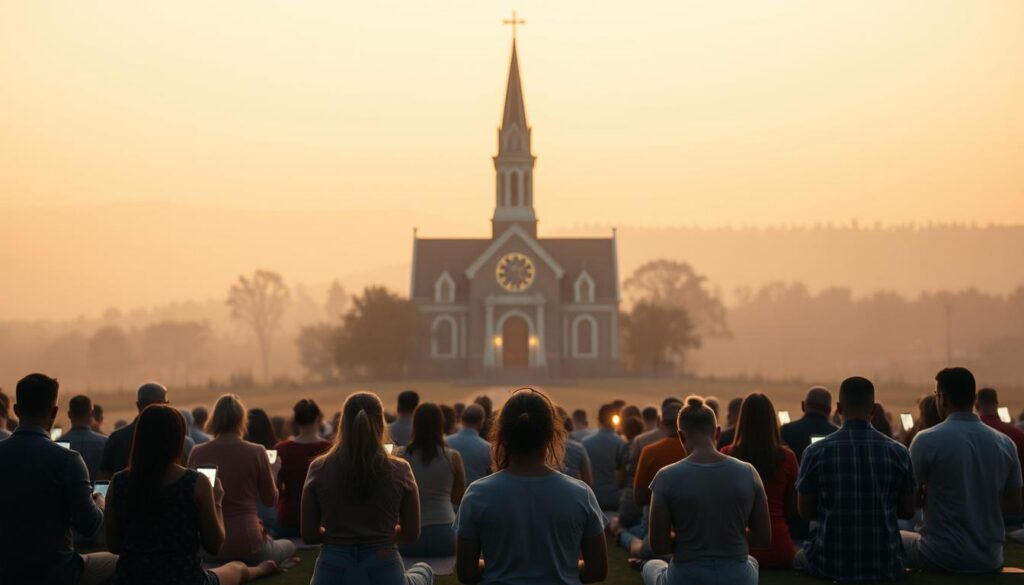 A serene and tranquil landscape with a large, majestic church in the middle ground, its steeple reaching towards the heavens. In the foreground, a group of worshippers kneeling in prayer, their faces illuminated by the soft, warm glow of their electronic devices, which they use to access a custom Christian music app. The background is filled with a hazy, golden-hued sky, creating an atmosphere of peace and contemplation. The lighting is soft and diffuse, casting a gentle, ethereal quality over the entire scene. The composition is balanced and harmonious, with the technology seamlessly integrated into the traditional religious setting, symbolizing the fusion of faith and modern innovation. A serene and tranquil landscape with a large, majestic church in the middle ground, its steeple reaching towards the heavens. In the foreground, a group of worshippers kneeling in prayer, their faces illuminated by the soft, warm glow of their electronic devices, which they use to access a custom Christian music app. The background is filled with a hazy, golden-hued sky, creating an atmosphere of peace and contemplation. The lighting is soft and diffuse, casting a gentle, ethereal quality over the entire scene. The composition is balanced and harmonious, with the technology seamlessly integrated into the traditional religious setting, symbolizing the fusion of faith and modern innovation.