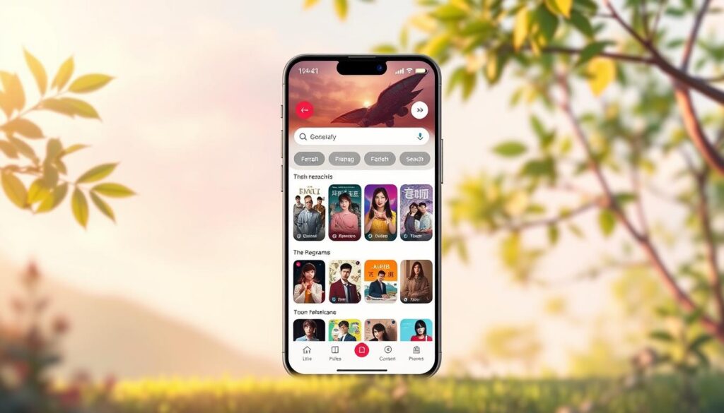 A serene and vibrant illustration of a mobile application interface for watching Korean dramas. Set against a soft, blurred background of lush foliage and a pastel-hued sky, the app's main screen dominates the foreground, showcasing a clean, modern design with a grid of thumbnail covers for various Korean drama titles. The user interface features intuitive navigation controls, a search bar, and a prominent "Free" badge, emphasizing the app's accessibility. Warm, natural lighting filters through the scene, creating a welcoming and inviting atmosphere for the user to immerse themselves in the world of Korean entertainment.
