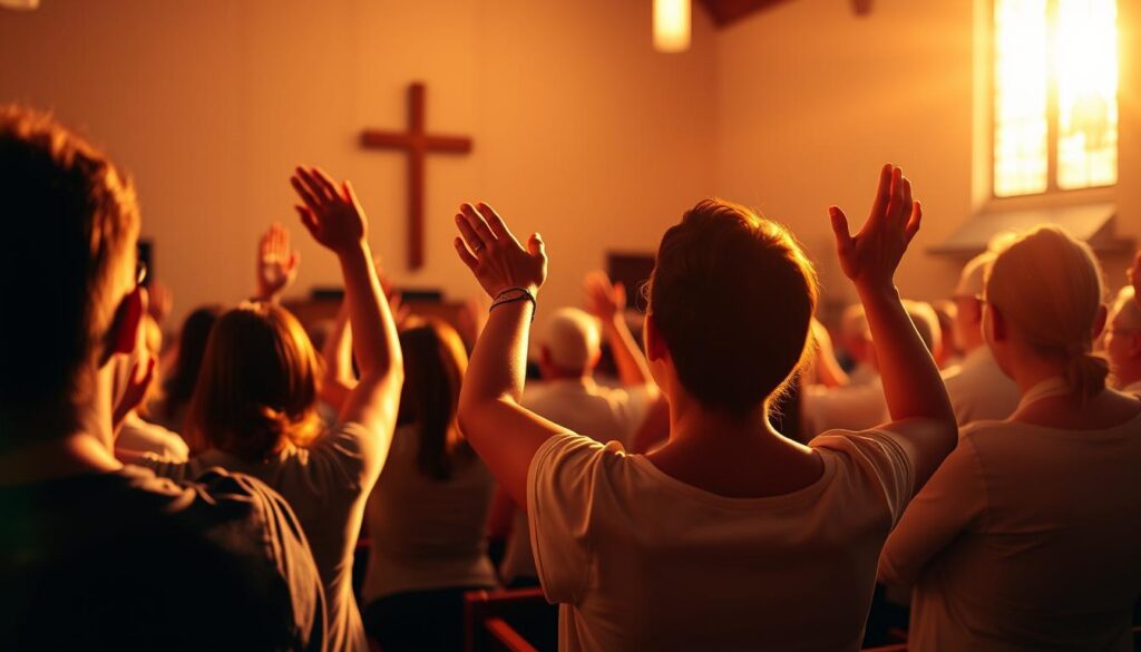 A serene church interior bathed in warm, golden light, with a group of worshippers raising their hands in praise, eyes closed, lost in the moment. The front of the church features a simple yet elegant stage, with a grand piano and other musical instruments ready for an uplifting performance. The background is softly blurred, allowing the focus to remain on the emotional connection between the congregation and the act of worship. A serene church interior bathed in warm, golden light, with a group of worshippers raising their hands in praise, eyes closed, lost in the moment. The front of the church features a simple yet elegant stage, with a grand piano and other musical instruments ready for an uplifting performance. The background is softly blurred, allowing the focus to remain on the emotional connection between the congregation and the act of worship.