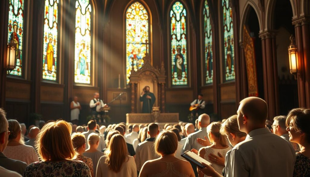 A serene church interior, its stained glass windows casting a warm, ethereal glow over the congregants. In the foreground, a choir of devoted believers sway in harmony, their voices raised in soulful Christian hymns. The middle ground features a stage with musicians playing traditional instruments, their expressions pious and reverent. The background reveals a large, ornate altar adorned with religious iconography, a testament to the deep spiritual connection between the faithful and their faith. The scene is imbued with a sense of tranquility and devotion, capturing the captivating essence of Christian music that uplifts and inspires the worshippers. A serene church interior, its stained glass windows casting a warm, ethereal glow over the congregants. In the foreground, a choir of devoted believers sway in harmony, their voices raised in soulful Christian hymns. The middle ground features a stage with musicians playing traditional instruments, their expressions pious and reverent. The background reveals a large, ornate altar adorned with religious iconography, a testament to the deep spiritual connection between the faithful and their faith. The scene is imbued with a sense of tranquility and devotion, capturing the captivating essence of Christian music that uplifts and inspires the worshippers.