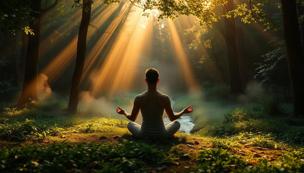 A serene figure in lotus position, meditating deeply in a tranquil forest glade. Shafts of warm, golden light filter through the lush canopy, casting a contemplative glow. Soft mist curls around the scene, creating an atmosphere of introspection and spiritual connection. In the middle distance, a small creek winds its way through the verdant undergrowth, the gentle sound of flowing water adding to the calming ambiance. The overall mood is one of inner peace, mindfulness, and profound self-reflection. A serene figure in lotus position, meditating deeply in a tranquil forest glade. Shafts of warm, golden light filter through the lush canopy, casting a contemplative glow. Soft mist curls around the scene, creating an atmosphere of introspection and spiritual connection. In the middle distance, a small creek winds its way through the verdant undergrowth, the gentle sound of flowing water adding to the calming ambiance. The overall mood is one of inner peace, mindfulness, and profound self-reflection.
