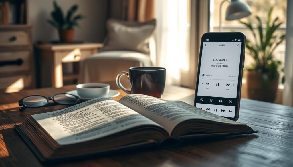 A serene, sun-dappled scene of a peaceful daily devotional time. In the foreground, an open Bible, well-worn and marked with notes, lies on a wooden table, surrounded by a cup of steaming tea and a pair of reading glasses. Soft, natural lighting filters through a window, casting a warm glow across the scene. In the middle ground, a smartphone or tablet rests on the table, displaying a simple, elegant music player interface - the "Louvores Diariamente" app, ready to fill the air with uplifting hymns and praise. The background features a cozy, inviting living space, perhaps a corner of a home office or a sunlit nook, evoking a sense of quiet contemplation and spiritual renewal. A serene, sun-dappled scene of a peaceful daily devotional time. In the foreground, an open Bible, well-worn and marked with notes, lies on a wooden table, surrounded by a cup of steaming tea and a pair of reading glasses. Soft, natural lighting filters through a window, casting a warm glow across the scene. In the middle ground, a smartphone or tablet rests on the table, displaying a simple, elegant music player interface - the "Louvores Diariamente" app, ready to fill the air with uplifting hymns and praise. The background features a cozy, inviting living space, perhaps a corner of a home office or a sunlit nook, evoking a sense of quiet contemplation and spiritual renewal.