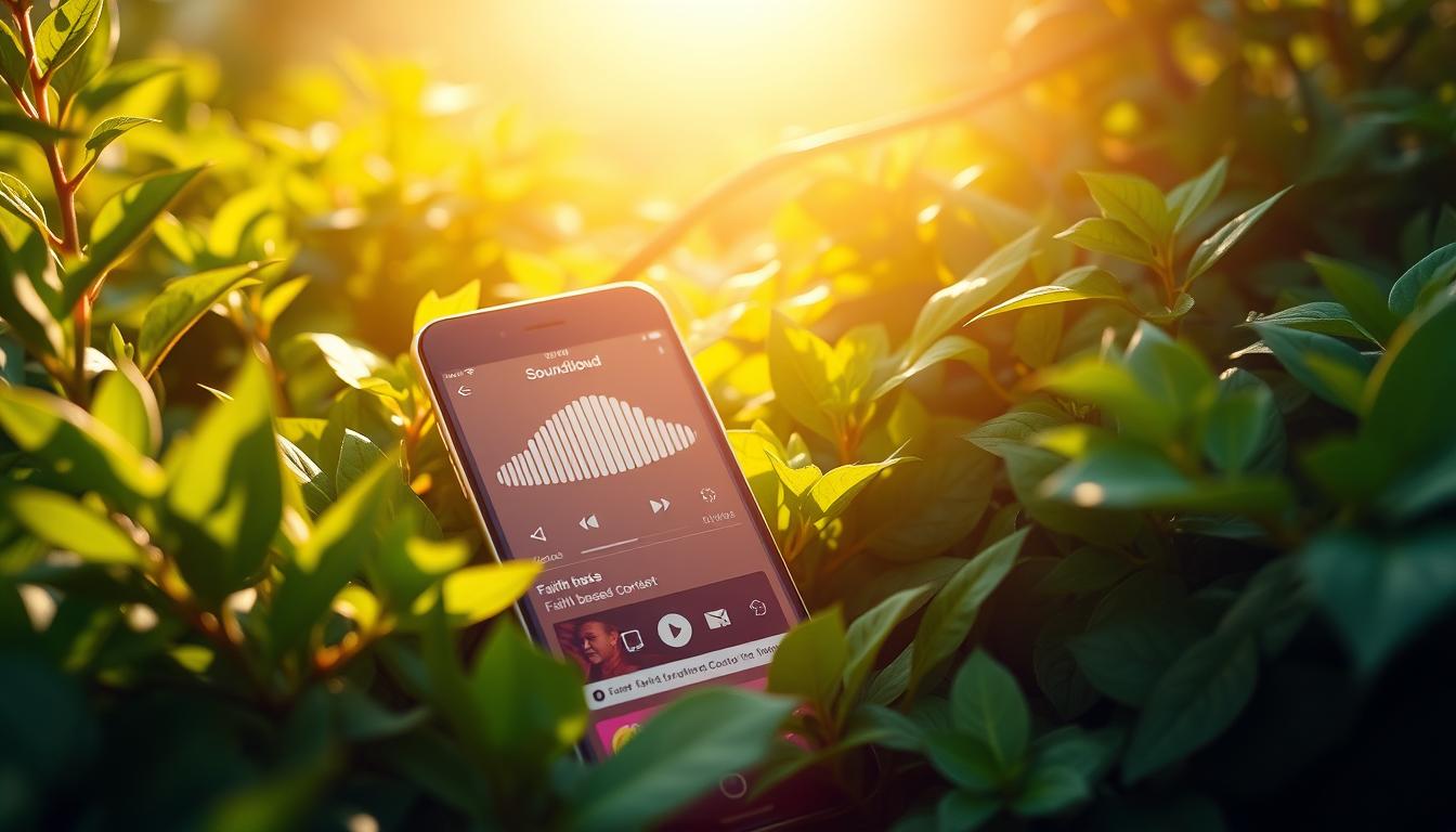 A serene, sun-drenched landscape featuring an elegant smartphone nestled among lush, verdant foliage. The device's screen displays the SoundCloud app, showcasing its exclusive features - a glowing audio waveform undulates across the display, while subtle icons hint at powerful tools for music discovery and faith-based content curation. The scene conveys a sense of tranquility and spiritual nourishment, inviting the viewer to immerse themselves in the app's offerings and deepen their connection with the divine.