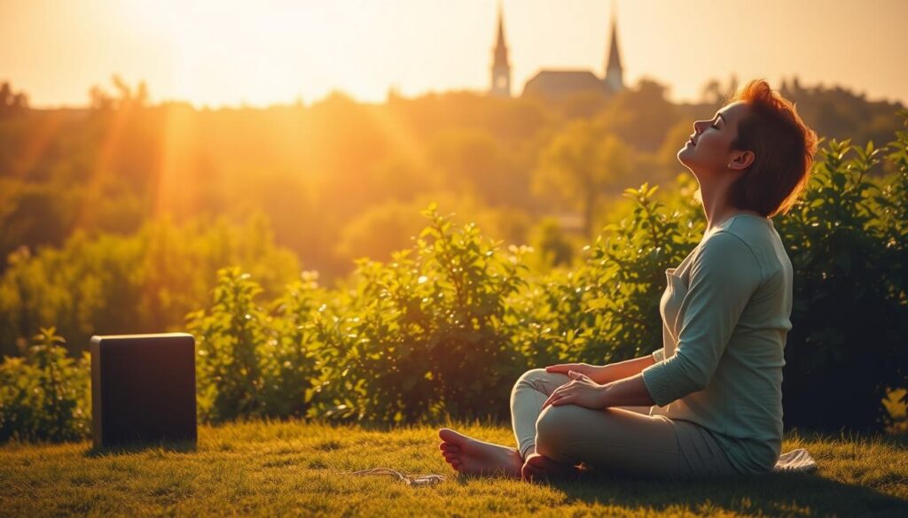 A serene, sun-drenched landscape with a warm, inviting atmosphere. In the foreground, a person sits cross-legged, eyes closed, hands resting gently on their lap, as they bask in the soothing melodies of praise and worship music flowing from a nearby speaker. Soft rays of light filter through the lush, verdant foliage in the middle ground, creating a peaceful, contemplative mood. In the background, a distant church steeple or chapel stands as a symbol of faith, its stained-glass windows glowing with a heavenly radiance. The overall scene conveys a sense of spiritual rejuvenation, inner calm, and the profound benefits of engaging in daily praise and worship. A serene, sun-drenched landscape with a warm, inviting atmosphere. In the foreground, a person sits cross-legged, eyes closed, hands resting gently on their lap, as they bask in the soothing melodies of praise and worship music flowing from a nearby speaker. Soft rays of light filter through the lush, verdant foliage in the middle ground, creating a peaceful, contemplative mood. In the background, a distant church steeple or chapel stands as a symbol of faith, its stained-glass windows glowing with a heavenly radiance. The overall scene conveys a sense of spiritual rejuvenation, inner calm, and the profound benefits of engaging in daily praise and worship.