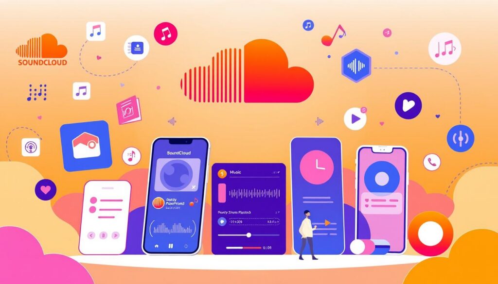 A vibrant and visually engaging illustration of the key features and functionalities of the SoundCloud music platform. Depicted in a clean, minimalist style with a warm, uplifting color palette, the image should showcase the app's primary capabilities - music streaming, playlist creation, sharing, and discovery - through a series of seamlessly integrated icons, UI elements, and abstract visualizations. The foreground should prominently feature various SoundCloud-branded UI components, while the middle ground showcases user-centric features like audio waveforms, playlist management, and social sharing. The background should provide a sense of depth and movement, perhaps with subtle musical motifs or dynamic audio visualization effects. Overall, the image should convey a sense of creativity, connectivity, and the joy of music discovery that defines the SoundCloud experience. A vibrant and visually engaging illustration of the key features and functionalities of the SoundCloud music platform. Depicted in a clean, minimalist style with a warm, uplifting color palette, the image should showcase the app's primary capabilities - music streaming, playlist creation, sharing, and discovery - through a series of seamlessly integrated icons, UI elements, and abstract visualizations. The foreground should prominently feature various SoundCloud-branded UI components, while the middle ground showcases user-centric features like audio waveforms, playlist management, and social sharing. The background should provide a sense of depth and movement, perhaps with subtle musical motifs or dynamic audio visualization effects. Overall, the image should convey a sense of creativity, connectivity, and the joy of music discovery that defines the SoundCloud experience.