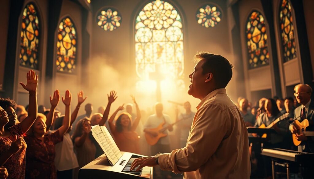 A vibrant, heavenly scene of gospel music in motion. A warm, golden light bathes the foreground, where a choir of diverse, joyful worshippers raise their hands in praise, their faces aglow with spiritual fervor. In the middle ground, a talented musician plays a piano, their fingers dancing across the keys, while a group of musicians accompany them with guitars, drums, and keyboards. The background is hazy, suggesting a large, acoustically-designed church sanctuary, its walls adorned with intricate stained-glass windows. The overall mood is one of reverence, uplift, and the transformative power of Christian worship through music. A vibrant, heavenly scene of gospel music in motion. A warm, golden light bathes the foreground, where a choir of diverse, joyful worshippers raise their hands in praise, their faces aglow with spiritual fervor. In the middle ground, a talented musician plays a piano, their fingers dancing across the keys, while a group of musicians accompany them with guitars, drums, and keyboards. The background is hazy, suggesting a large, acoustically-designed church sanctuary, its walls adorned with intricate stained-glass windows. The overall mood is one of reverence, uplift, and the transformative power of Christian worship through music.