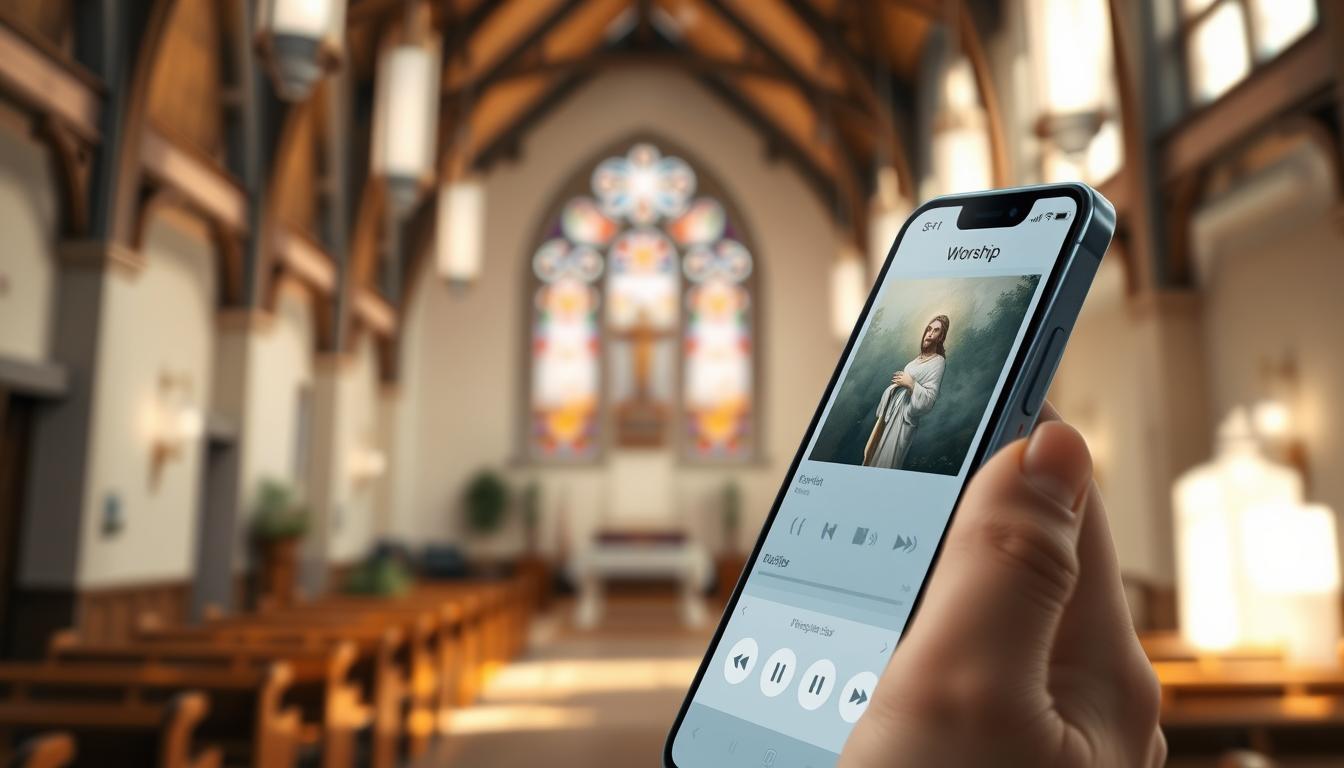 Detailed illustration of a mobile app interface showcasing the features for daily worship. Prominent in the foreground, a smartphone displaying the app's main screen with an elegant, minimalist design. Various intuitive icons and buttons representing functionalities like audio player, playlist management, and customization options. In the middle ground, a serene religious atmosphere with soft lighting, stained glass elements, and subtle religious symbolism. The background depicts a tranquil indoor space, possibly a church or sanctuary, creating a calming and contemplative ambiance to enhance the worship experience.