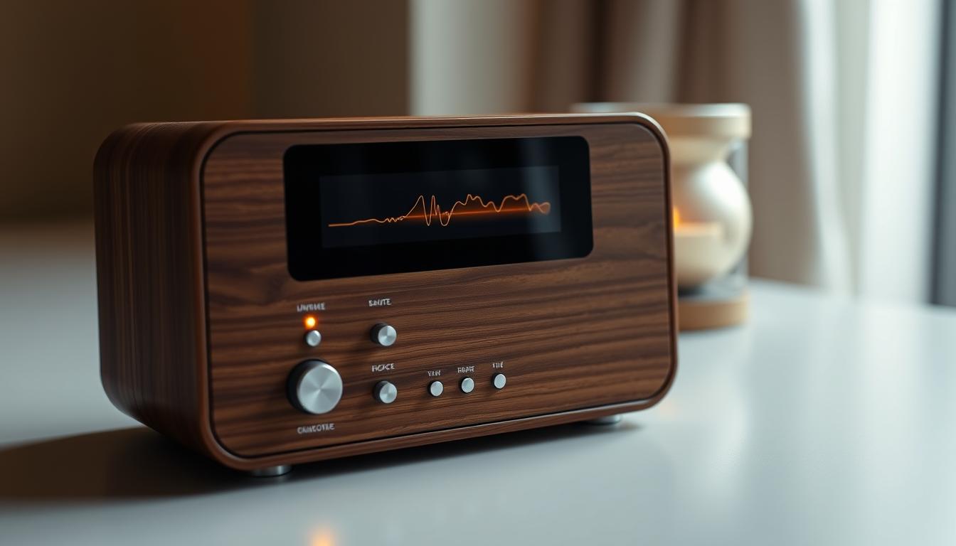 Rádio de Louvores Gratuito: a serene, minimalist mobile radio device with a sleek, wooden exterior and clean lines. Backlit controls gently illuminate the interface, inviting user interaction. Soft, ambient lighting casts a warm glow, creating a contemplative atmosphere. The radio's display showcases a simple, elegant visualizer, pulsing in rhythm with the uplifting, gospel-inspired melodies. Carefully positioned to capture the radio's elegant form and functional details, the image conveys a sense of spiritual tranquility and devotion, perfectly aligned with the article's subject matter.